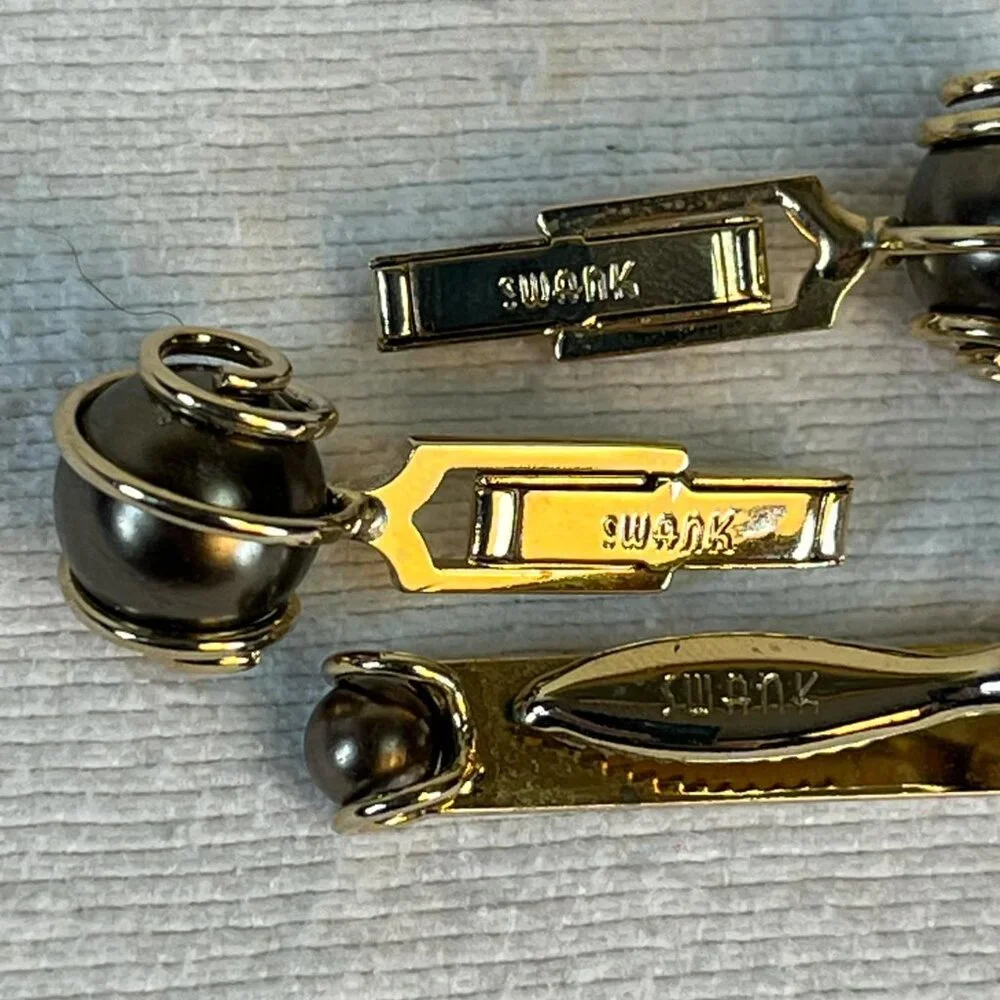 Vintage SWANK Gold Tone w/ Gray‎ Pearl/Bead Cuff Link Tie Tac Set Formal Wedding